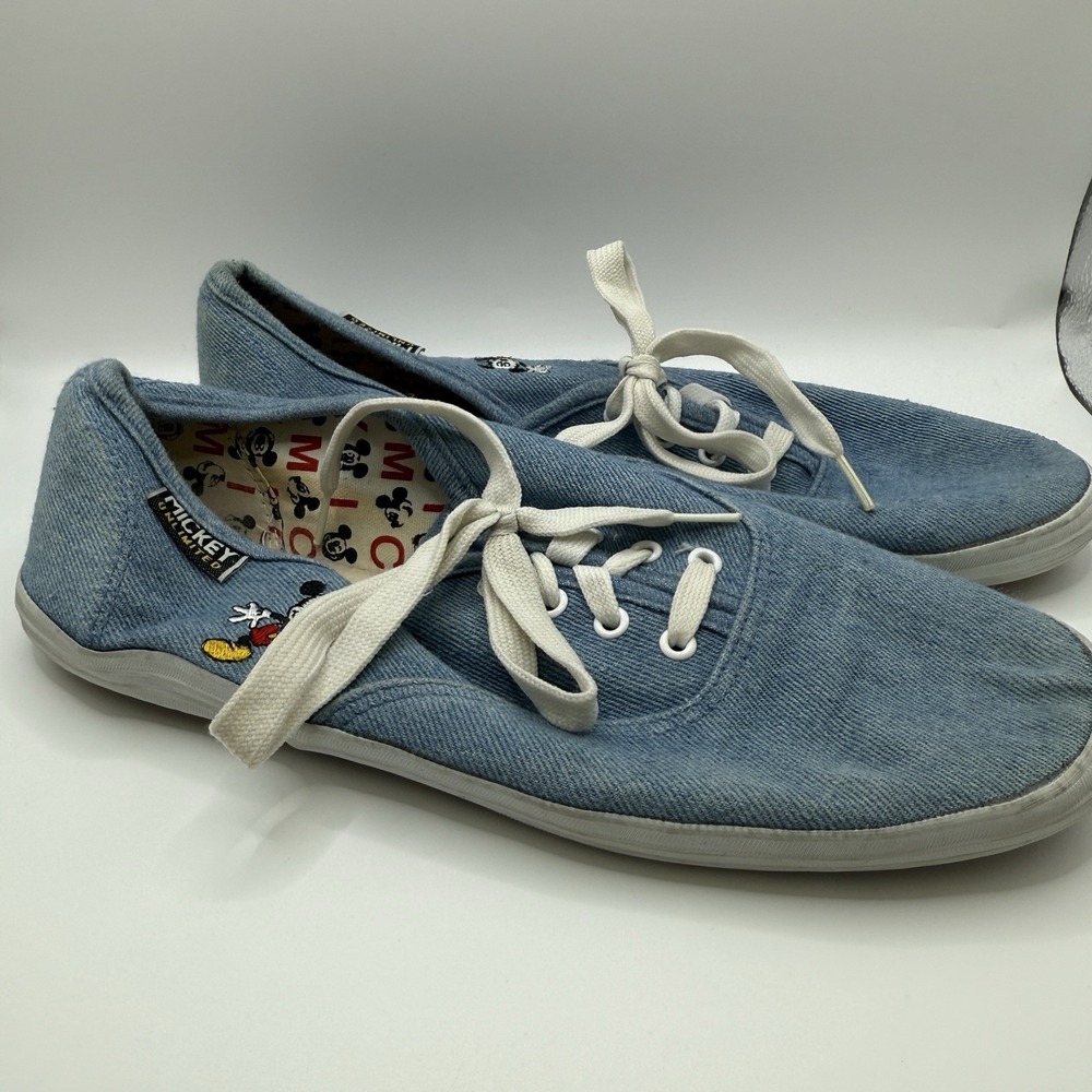 Vtg Rare Mickey Mouse Women Slip On Blue Stitched Denim Lace up Shoes Sz 9
